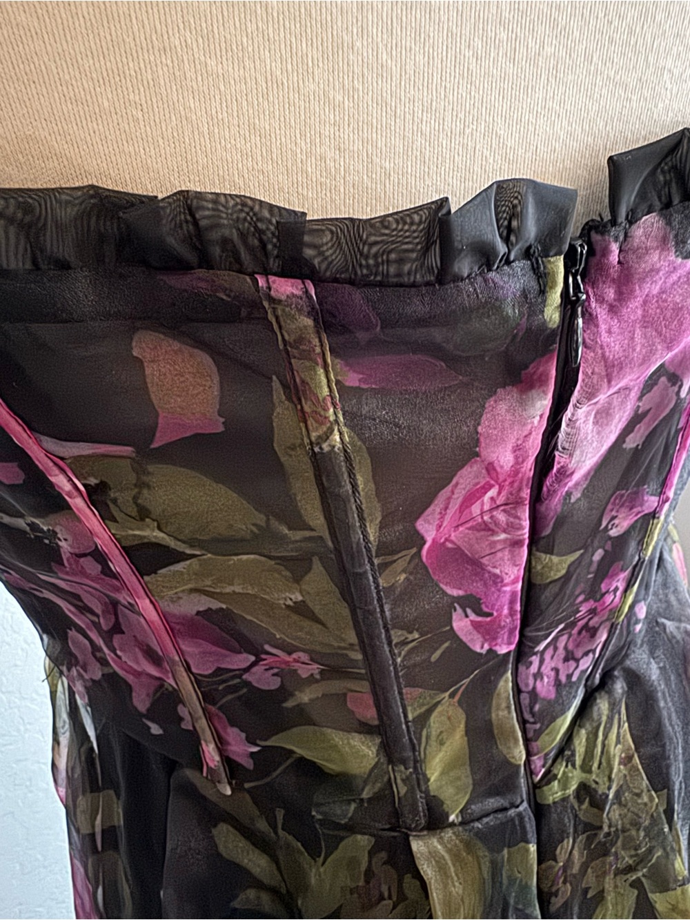 Lulu's Black Strapless Floral Chiffon Gown w/ Purple Roses needs 2 easy repairs - Picture 7 of 13